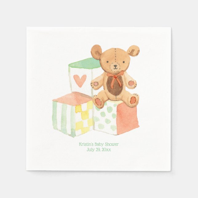 Gender Neutral Baby Blocks and Teddy Bear Shower Napkin (Front)