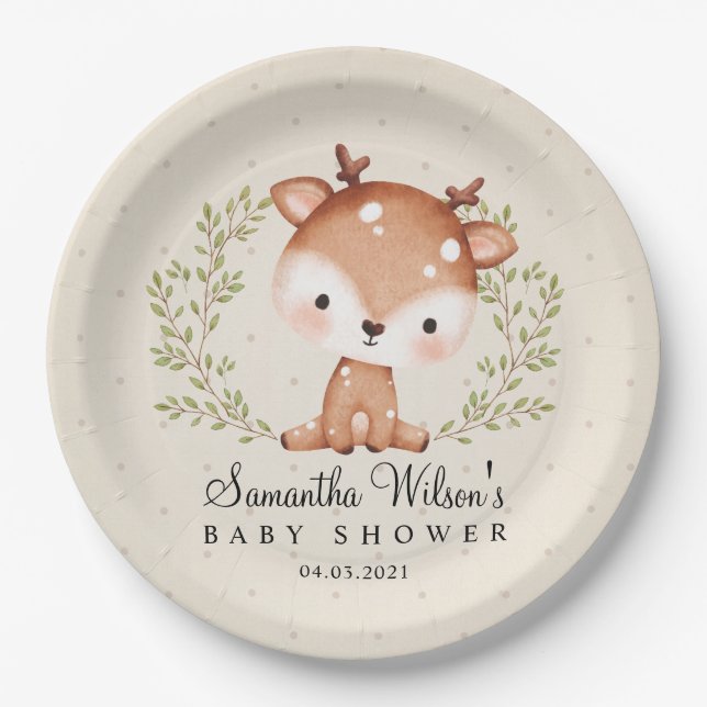 Gender neutral Baby Fawn Little Deer Baby Shower Paper Plate (Front)