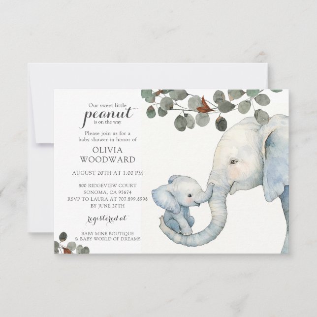 Gender Neutral Baby Shower Elephant And Greenery Invitation (Front)