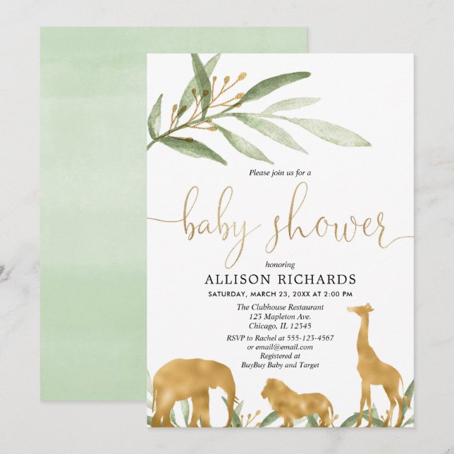 Gender neutral baby shower invitation, gold safari invitation (Front/Back)