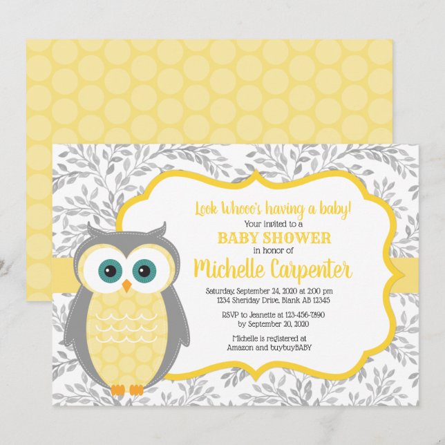 gender neutral baby shower invitation yellow grey (Front/Back)