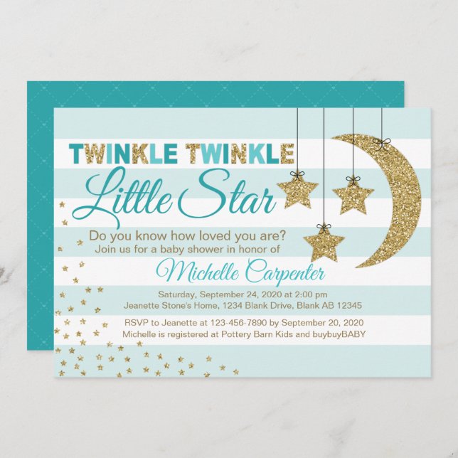 Gender neutral baby shower invite teal and gold (Front/Back)