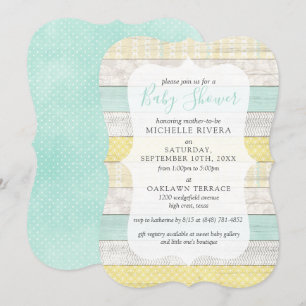 Gender Neutral Baby Shower Mint Yellow Rustic Wood Invitation