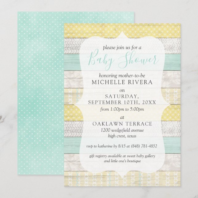 Gender Neutral Baby Shower Mint Yellow Rustic Wood Invitation (Front/Back)