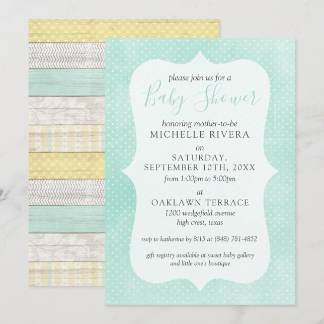 Gender Neutral Baby Shower Mint Yellow Rustic Wood Invitation (Front/Back)
