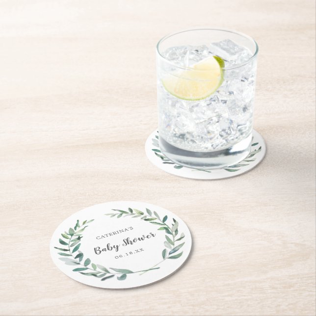 Gender Neutral Baby Shower Rustic Greenery Wreath Round Paper Coaster (Insitu)