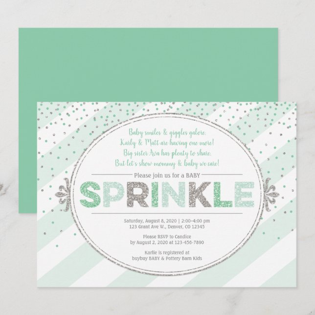 gender neutral baby sprinkle invite green silver (Front/Back)