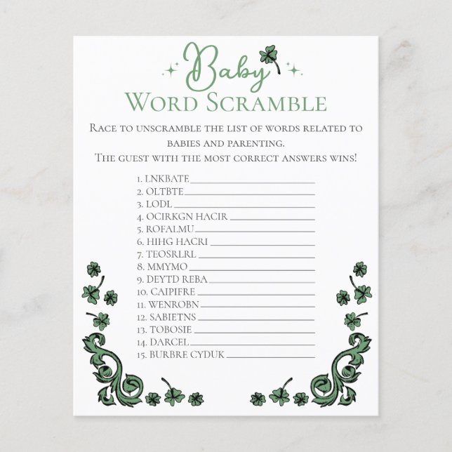 Gender Neutral Baby Word Scramble Baby Shower Game (Front)