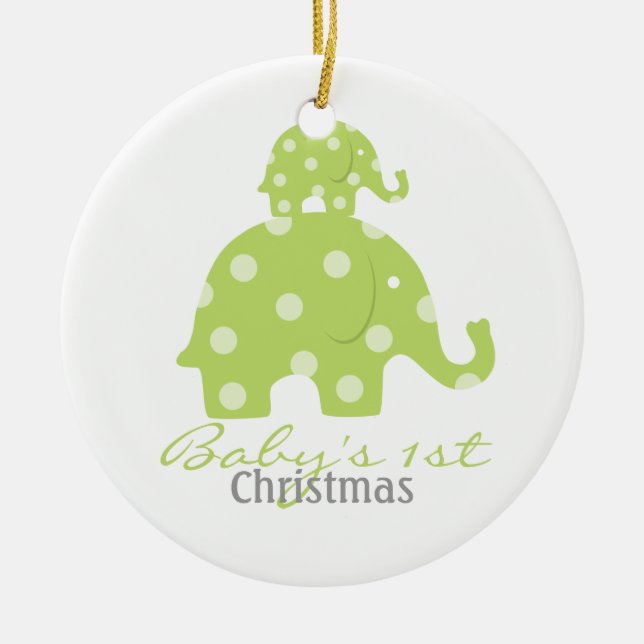 Gender neutral baby's first christmas - elephants ceramic tree decoration (Front)