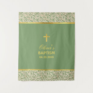Gender Neutral Baptism Faux Gold Green Backdrop Tapestry