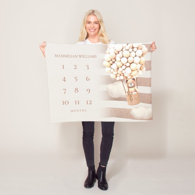 Gender Neutral Bear Balloons Milestone Baby Blanke Fleece Blanket (In Situ)