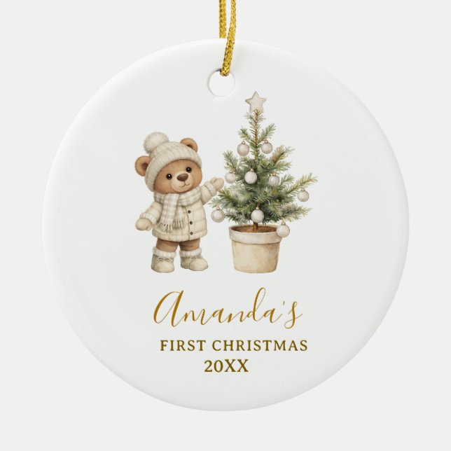 Gender Neutral Bear First Christmas Keepsake  Ceramic Tree Decoration (Front)