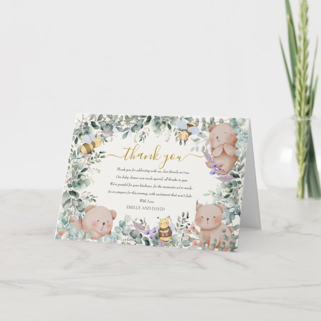 Gender Neutral Bear Woodland Rustic Baby Shower Thank You Card (Front)