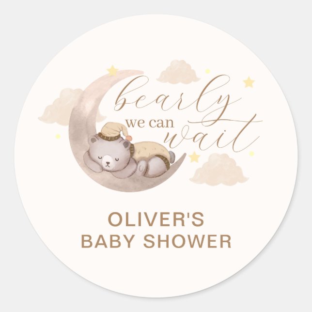 Gender Neutral Bearly Wait Moon Star Sleepy Bear Classic Round Sticker (Front)