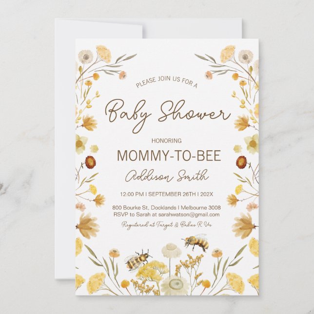 Gender Neutral Bee Wildflowers Baby Shower Invitation (Front)