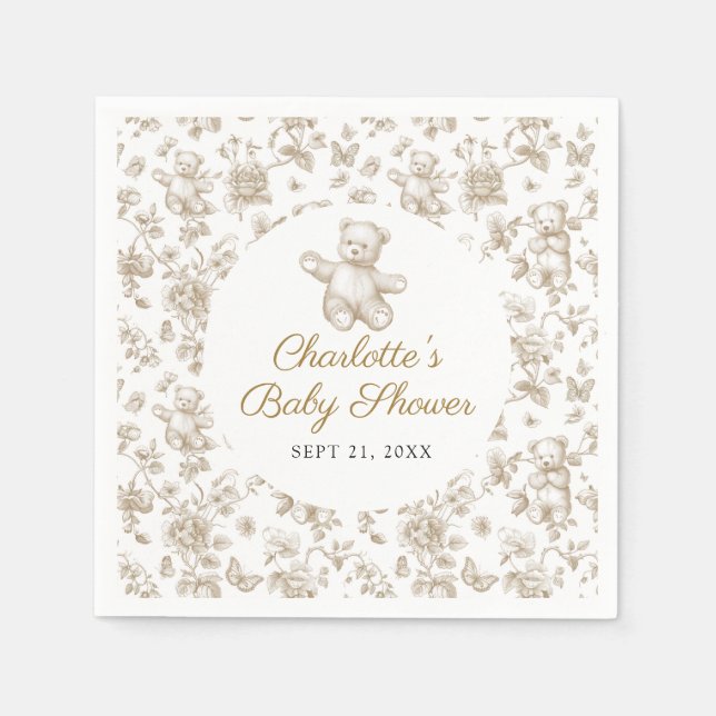 Gender Neutral Beige Teddy Bear Toile Baby Shower Napkin (Front)