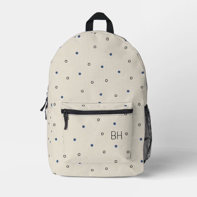 Gender Neutral Blue & Black Monogram Initials Printed Backpack (Front)