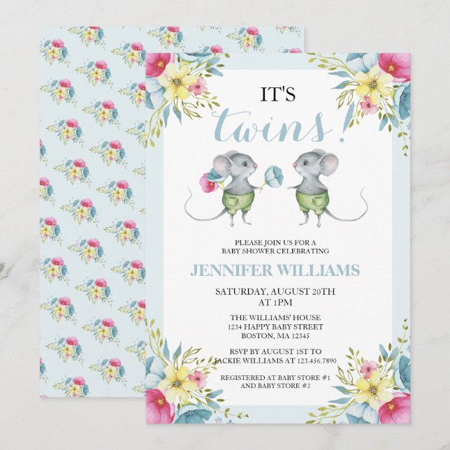 Gender Neutral Blue Boy & Boy Twins Baby Shower  Invitation (Front/Back)