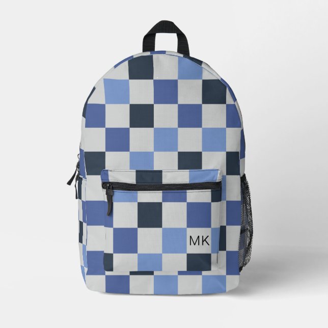 Gender Neutral Blue Chequerboard Monogram Initials Printed Backpack (Front)