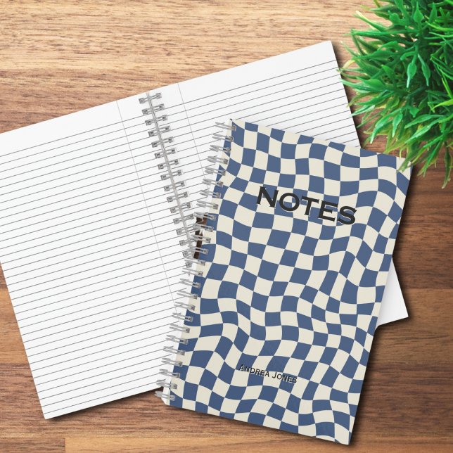 Gender Neutral Blue Wavy Check Monogrammed Name Notebook (Creator Uploaded)