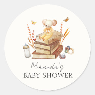 Gender Neutral Boho Book Mouse Baby Shower Classic Round Sticker