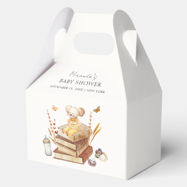Gender Neutral Boho Book Mouse Baby Shower  Favour Box (Front)