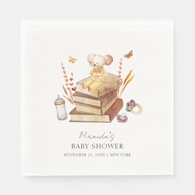 Gender Neutral Boho Book Mouse Baby Shower  Napkin (Front)