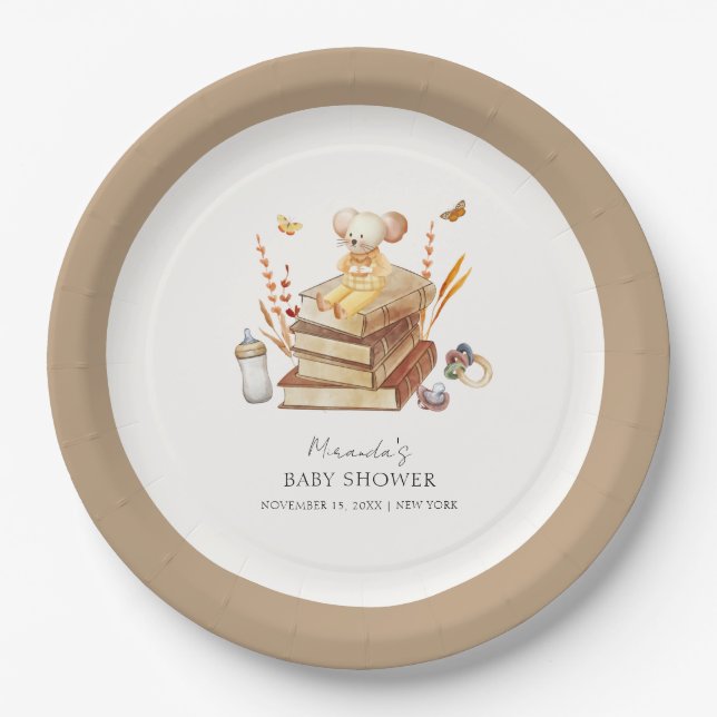 Gender Neutral Boho Book Mouse Baby Shower  Paper Plate (Front)