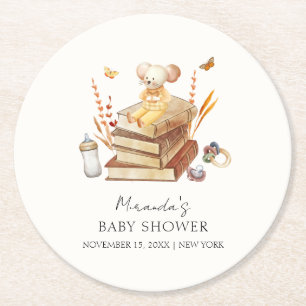 Gender Neutral Boho Book Mouse Baby Shower  Round Paper Coaster
