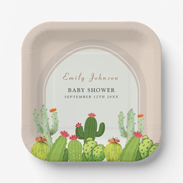 Gender Neutral Boho Cactus Arch Baby Shower  Paper Plate (Front)