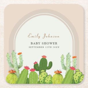 Gender Neutral Boho Cactus Arch Baby Shower Square Paper Coaster