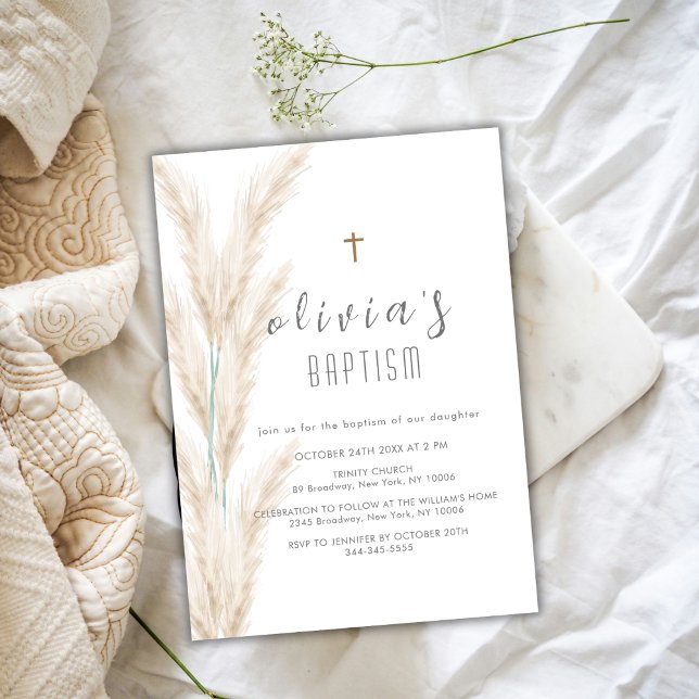 Gender Neutral Boho Pampas Christening Baptism Invitation (Gender Neutral Boho Pampas Christening Baptism Invitation)