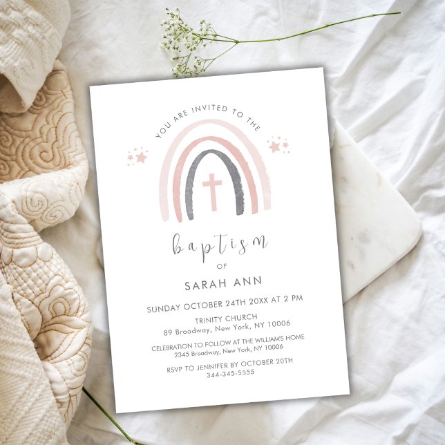 Gender Neutral Boho Rainbow Cross Baptism Invitation (Gender Neutral Boho Rainbow Cross Baptism Invitation)