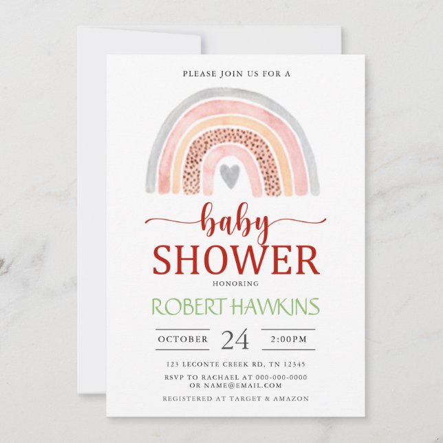 Gender Neutral Boho Watercolor Rainbow Baby Shower Invitation (Front)