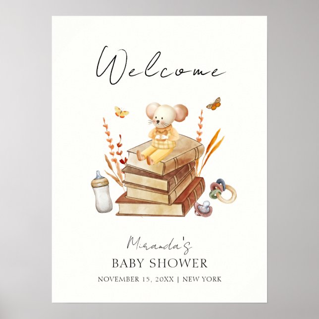 Gender Neutral Book Mouse Baby Shower Welcome  Poster (Front)
