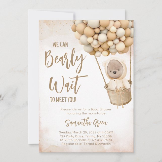 Gender Neutral Brown Bear Balloon Baby Shower Invitation (Front)