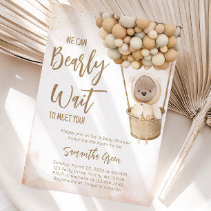 Gender Neutral Brown Bear Balloon Baby Shower Invitation