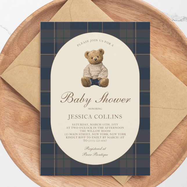 Gender Neutral Brown Blue Teddy Bear Baby Shower Invitation (Gender Neutral Brown Blue Teddy Bear Baby Shower Invitation)