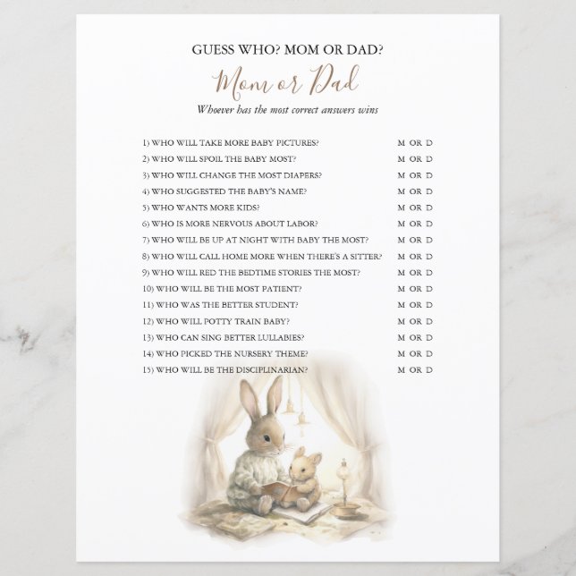 Gender Neutral Bunny Baby Shower Game (Front)