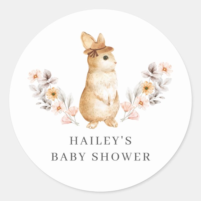 Gender Neutral Bunny Wildflower  Baby Shower Classic Round Sticker (Front)