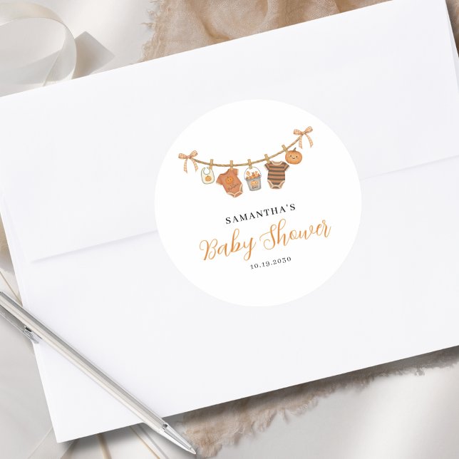 Gender Neutral Clothesline Halloween Baby Shower  Classic Round Sticker (Creator Uploaded)