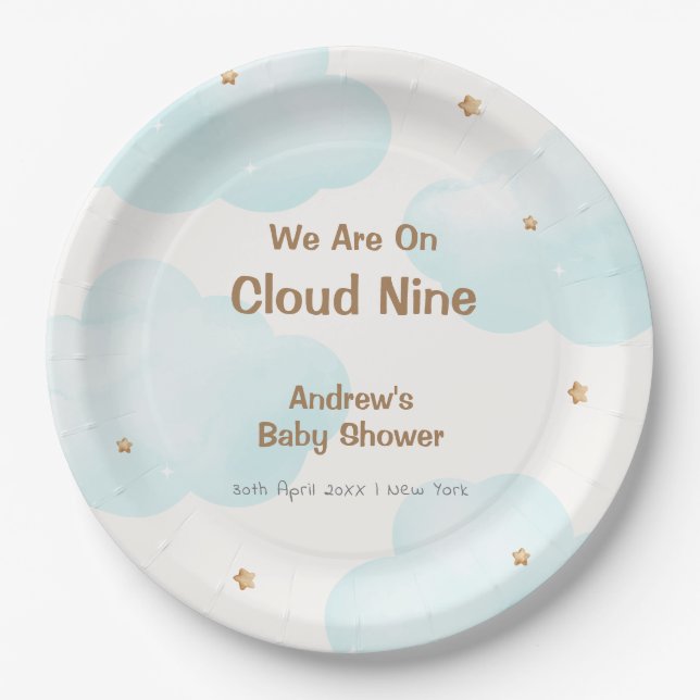 Gender Neutral Cloud Nine Stars Baby Shower Paper Plate (Front)