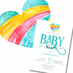 Gender Neutral Colourful Rainbow Heart Baby Showe Invitation