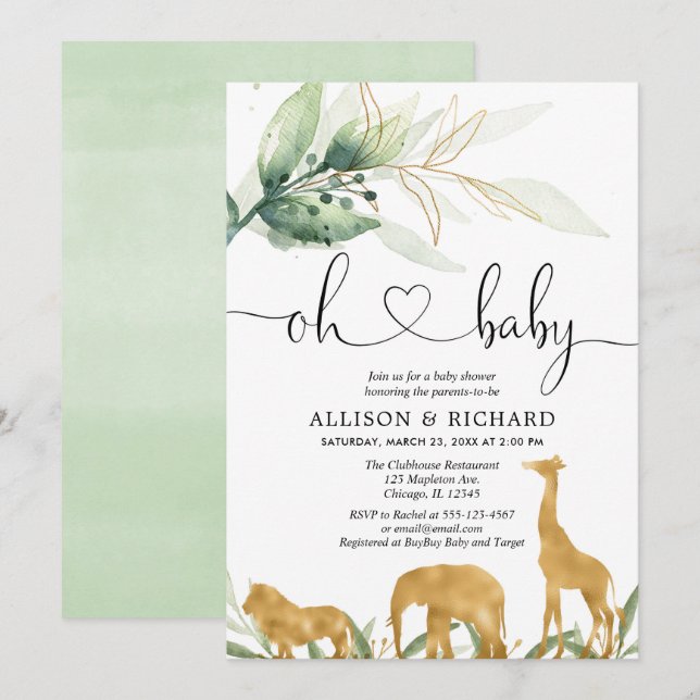 Gender neutral couples baby shower, safari jungle invitation (Front/Back)