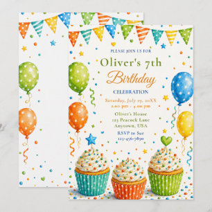 Gender Neutral Cupcake 7th Birthday Party Invitation