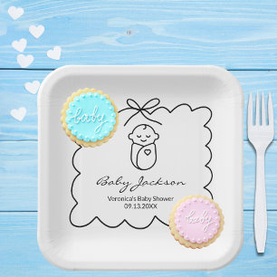 Gender Neutral Cute Baby & Bow Modern Baby Shower Paper Plate