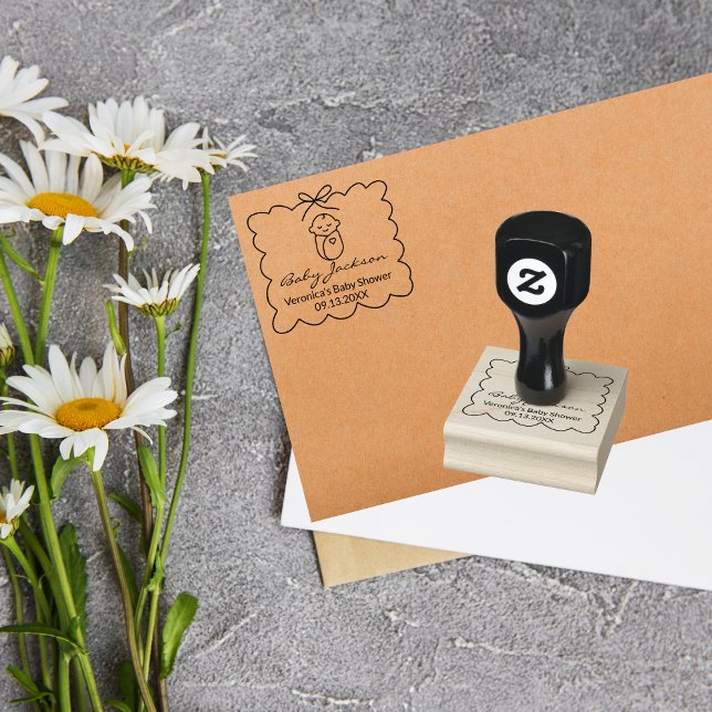 Gender Neutral Cute Baby & Bow Modern Baby Shower Rubber Stamp (Creator Uploaded)