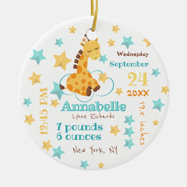 Gender Neutral Cute Giraffe Stars Baby Birth Stats Ceramic Tree Decoration (Front)