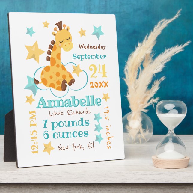 Gender Neutral Cute Giraffe Stars Baby Birth Stats Plaque (Side)
