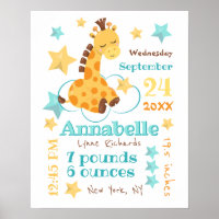 Gender Neutral Cute Giraffe Stars Baby Birth Stats